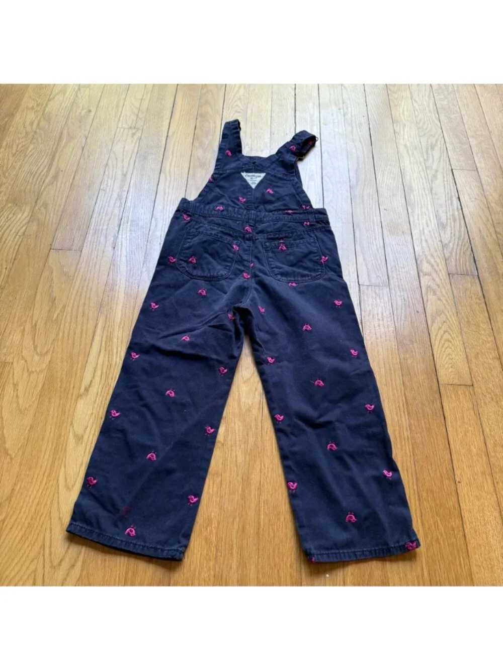 VTG OshKosh B'gosh Girl Size 5 Blue Denim Pink Bird Embroidered Bib Overalls